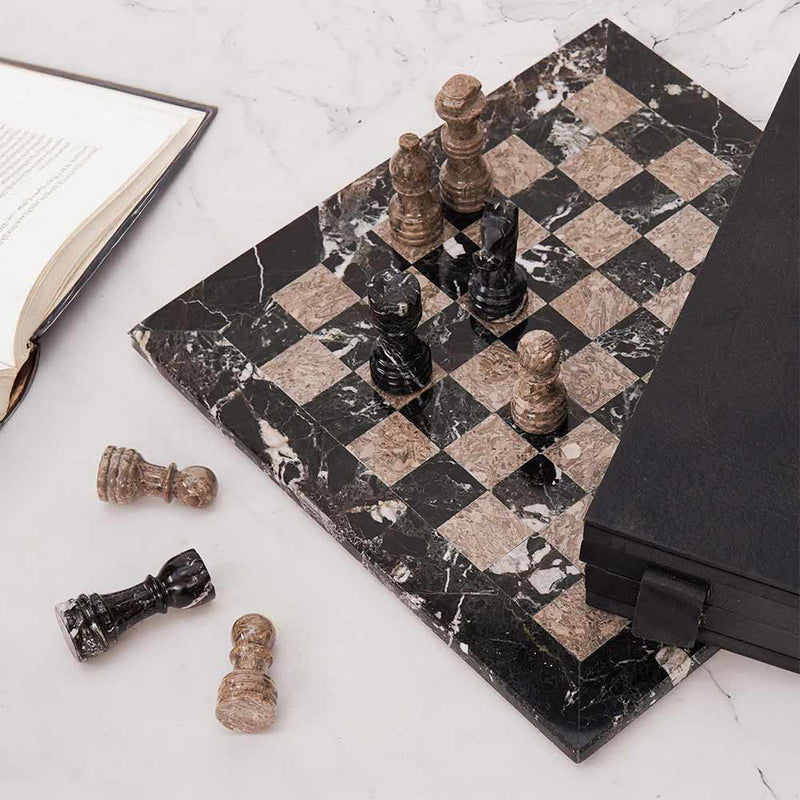 Marble 12" Inches Chess Set Black Zebra & Oceanic Chess Board with Storage Box Extra Queen