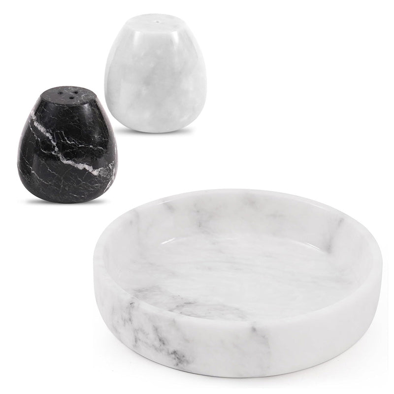 Earthen Crafts Marble Serving Bowl 8" White & Salt and Pepper Shakers 2.3" Black & White, Natural Stone Fruit Bowl for Counter Décor with Set of 2 Spice Containers, Seasoning Shaker Jars for Kitchen.