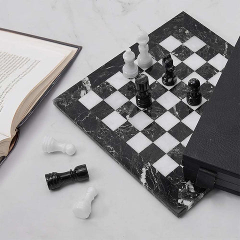 Marble 12" Inches Chess Set Black Zebra & White Chess Board with Storage Box Extra Queen