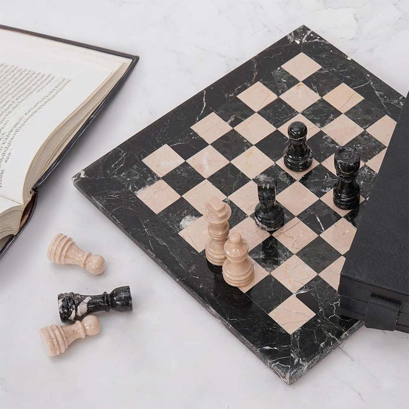 Marble 12" Inches Chess Set Black Zebra & Verona Chess Board with Storage Box Extra Queen