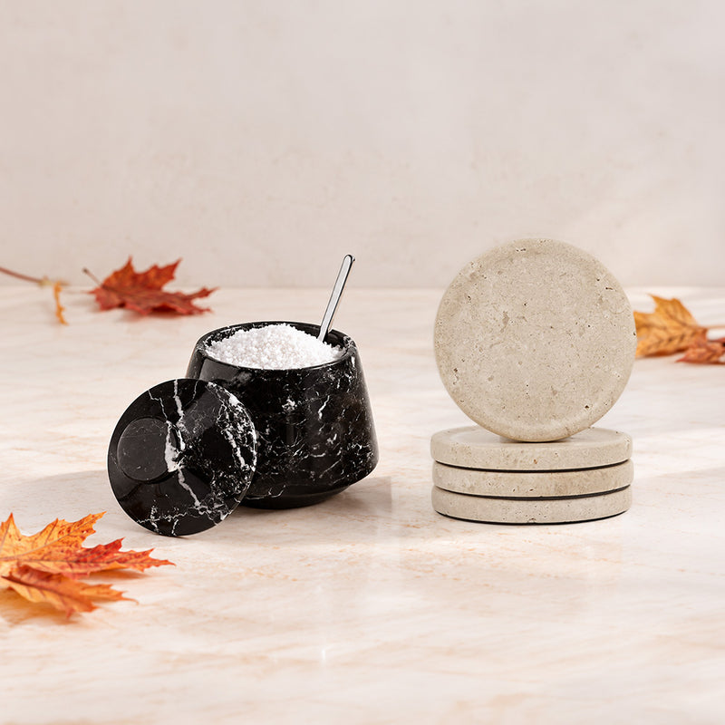 Black Salt Cellar 4" with Travertine Coaster Set of 4