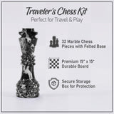 Traveler's Chess Kit with marble chess pieces and durable board on a white background