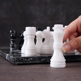 Marble 12" Inches Chess Set Black Zebra & White Chess Board with Storage Box Extra Queen
