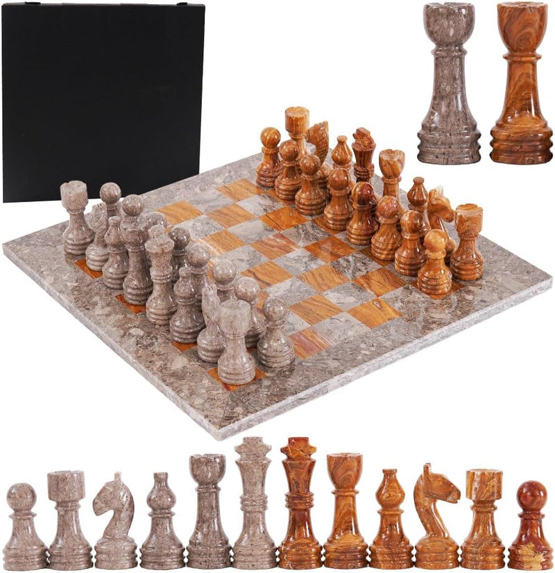 Marble 15" Inches Chess Set Oceanic & Red Chess Board with Storage Box Extra Queen
