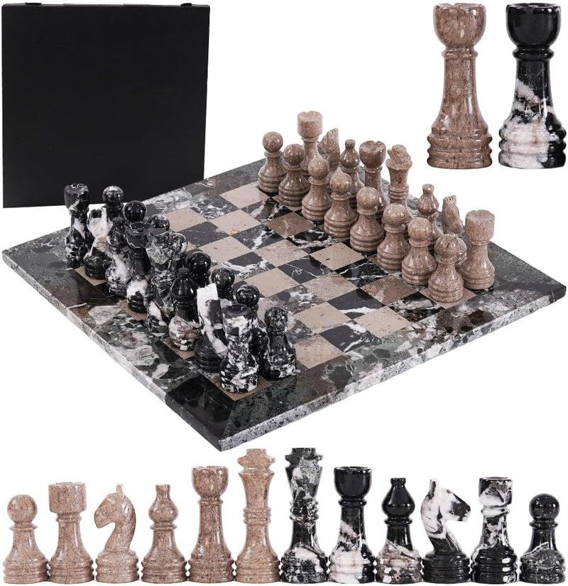 Marble 15" Inches Chess Set Black Zebra & Oceanic Chess Board with Storage Box Extra Queen