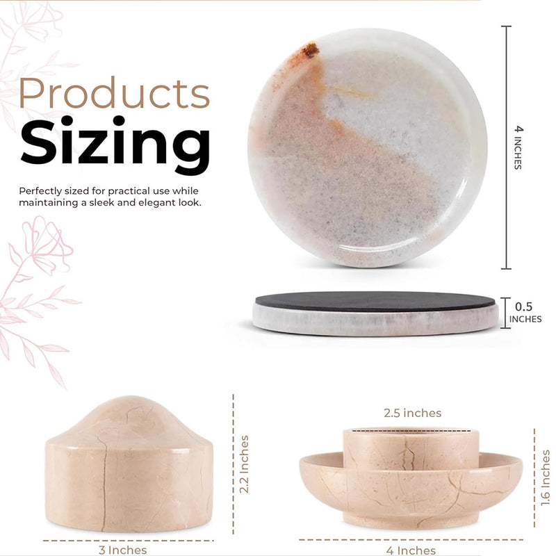Earthen Crafts Marble Coasters Set of 4 White Onyx & 3" Verona Butter Keeper – Natural Stone Round Drink Coasters for Mug & Glass, Coffee Table Decor with Mini French Butter Dish with Lid
