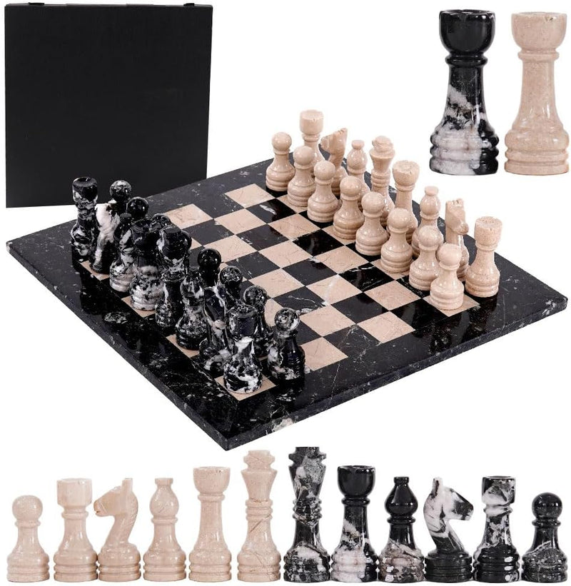 Marble 15" Inches Chess Set Black Zebra & Verona Chess Board with Storage Box Extra Queen
