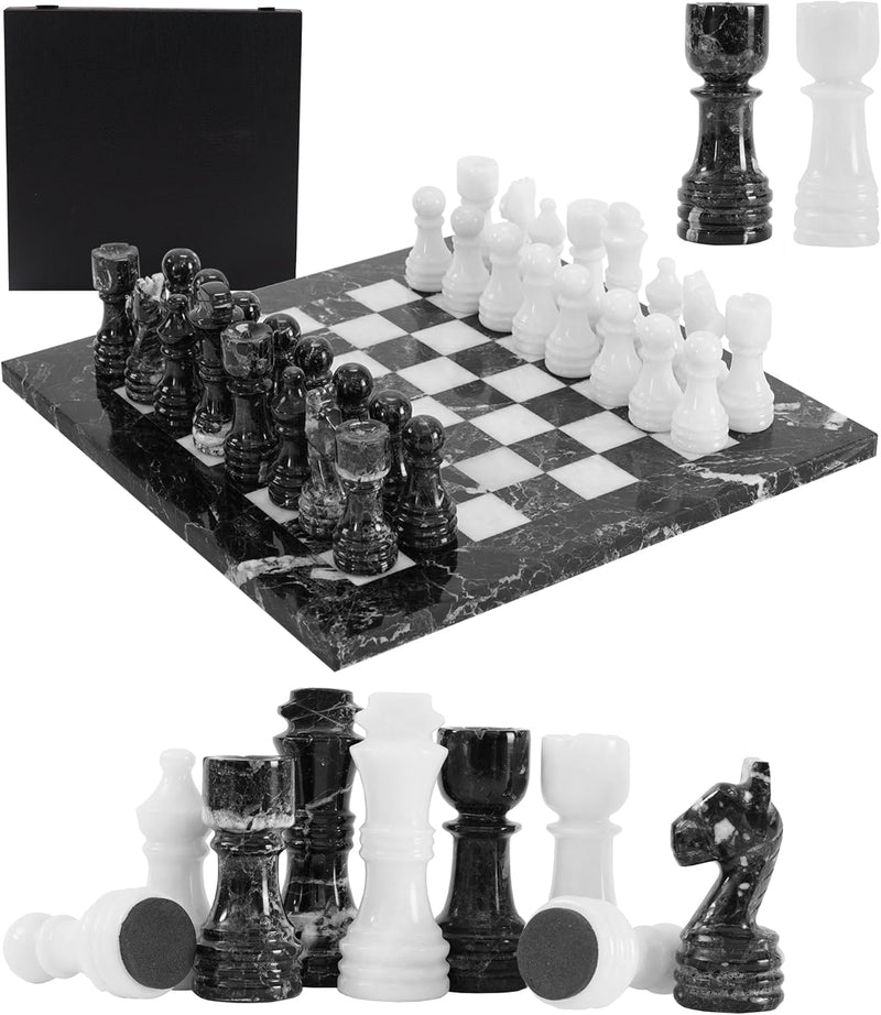 Marble 12" Inches Chess Set Black Zebra & White Chess Board with Storage Box Extra Queen