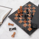 Marble 12" Inches Chess Set Black Zebra & Red Chess Board with Storage Box Extra Queen