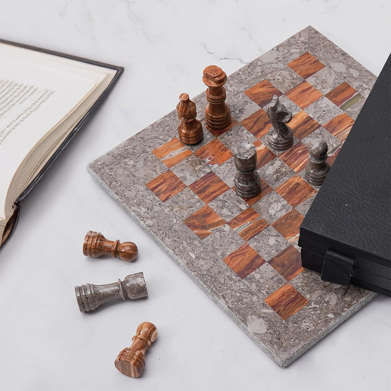 Marble 12" Inches Chess Set Oceanic & Red Chess Board with Storage Box Extra Queen
