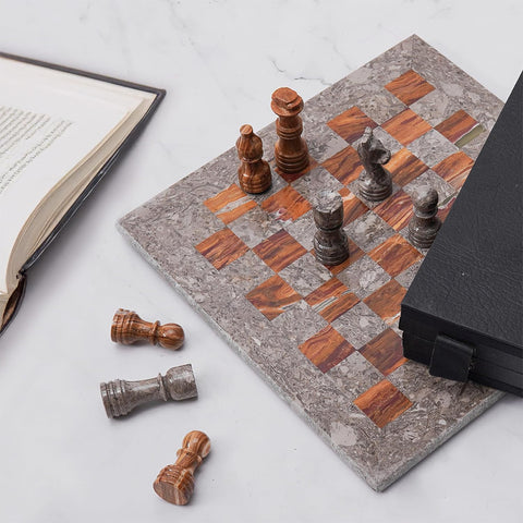 Marble 12" Inches Chess Set Oceanic & Red Chess Board with Storage Box Extra Queen