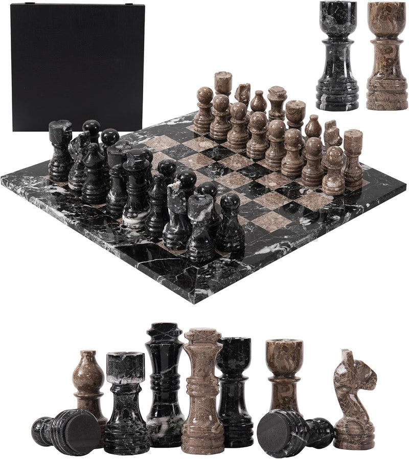 Marble 12" Inches Chess Set Black Zebra & Oceanic Chess Board with Storage Box Extra Queen