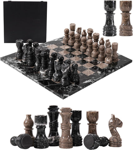 Marble 12" Inches Chess Set Black Zebra & Oceanic Chess Board with Storage Box Extra Queen