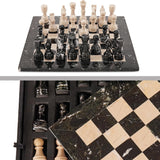 Marble 15" Inches Chess Set Black Zebra & Verona Chess Board with Storage Box Extra Queen