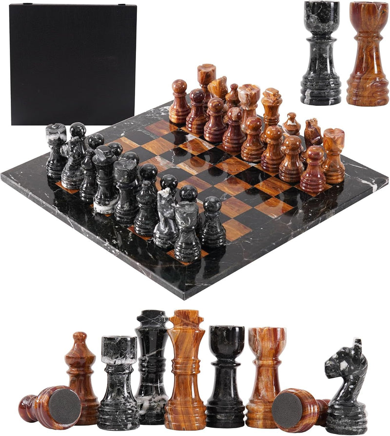 Marble 12" Inches Chess Set Black Zebra & Red Chess Board with Storage Box Extra Queen