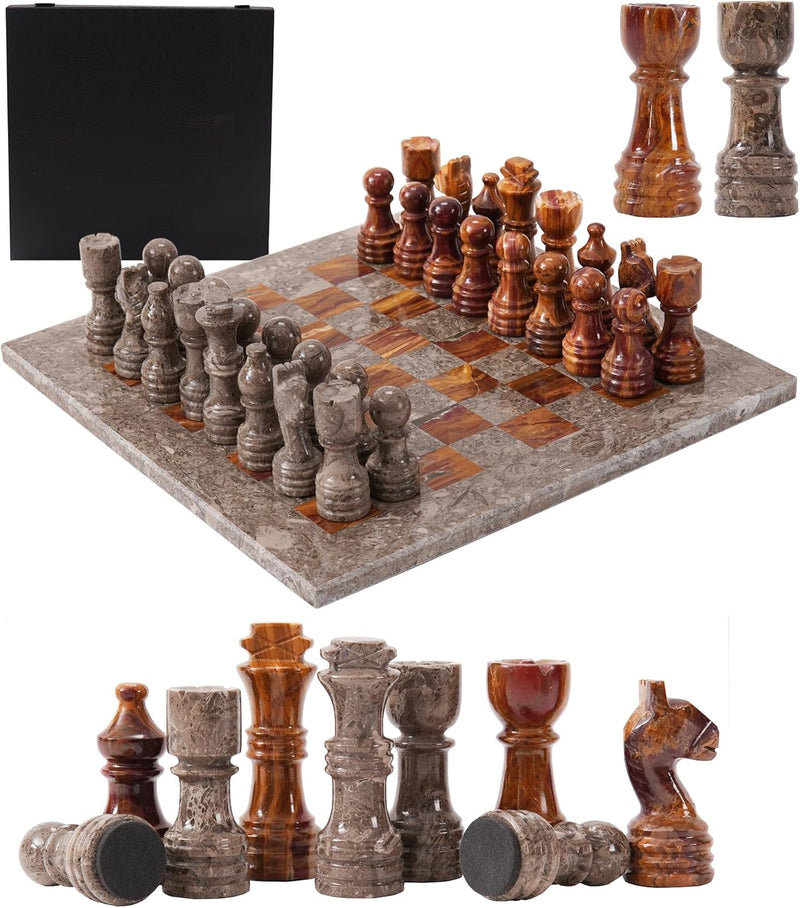 Marble 12" Inches Chess Set Oceanic & Red Chess Board with Storage Box Extra Queen