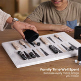 Two people playing a board game together with text 'Family Time Well Spent'.