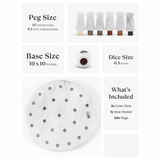 Product packaging with dice, pegs, and base information on a white background
