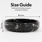 Black marble bowl with size guide indicating 8 inches in diameter and 2 inches in height on a white background.