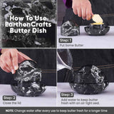 How to use a black marble butter crock showing steps to add butter, close the lid, and add water.