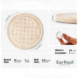 Product information graphic for an Earthen Crafts board. The image shows a tarvertine stone round board with a dimpled center, a close-up of its height, a hand holding a white stone ball, and text stating board size 10 inches diameter, ball size 0.