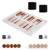 Backgammon set with pieces and dice on a white surface