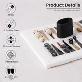 Backgammon set with marble pieces and dice on a white surface, featuring product details.