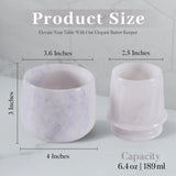 Marble-patterned butter keeper with dimensions and capacity details on a light gray background