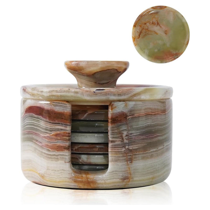 Marble-patterned coaster set with holder on a white background