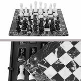 Marble-patterned chess set with pieces on a white background
