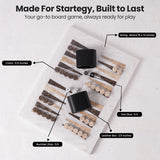 Backgammon set with components labeled on a white background