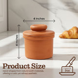 Terracotta container with dimensions and capacity details on a neutral background