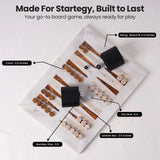 Board game components on a white surface with text about strategy and durability.
