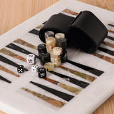 Backgammon set with dice and pieces on a checkered board