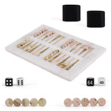 Backgammon set with pieces, dice, and cups on a white background
