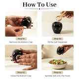 A four-step instructional  'How To Use' showing hands demonstrating how to open and fill a black salt dispenser, with text labels for each step on a light beige background.