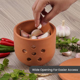 Terracotta container with garlic cloves on a wooden surface, surrounded by herbs and peppers.