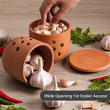 Terracotta garlic keeper with garlic cloves on a wooden surface, surrounded by fresh herbs and peppers.