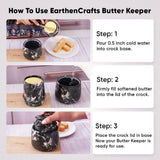 Instructions on how to use EarthenCrafts Butter Keeper with step-by-step images and text.