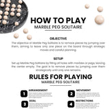 Instructions for playing Marble Peg Solitaire with text and marble images.