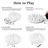Instructions for a board game with marble pegs and dice on a white background