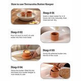 Instructions on how to use a terracotta butter keeper with step-by-step images and text.