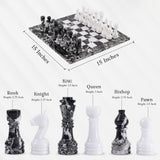 Chess set with pieces labeled and dimensions displayed on a white background
