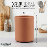 Brown ceramic utensil holder with measurements and kitchen utensils illustration on a white background