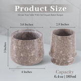 Two stone-colored butter keeper with dimensions and capacity details on a light gray background.