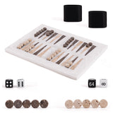 Backgammon set with pieces and dice on a white background