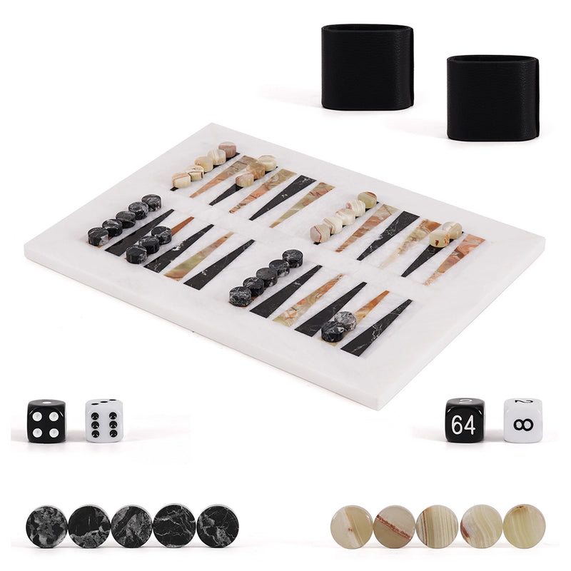 Backgammon set with pieces and dice on a white background
