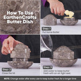 How to use marble butter crock showing steps to add butter, close lid, and add water for freshness.