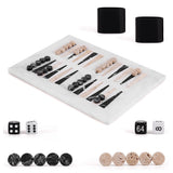 Backgammon set with pieces and dice on a white background