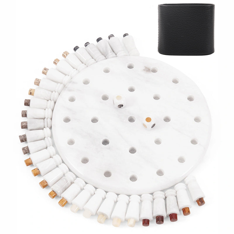 Round white Mind Game with Pegs and a Black Dice object on a white background